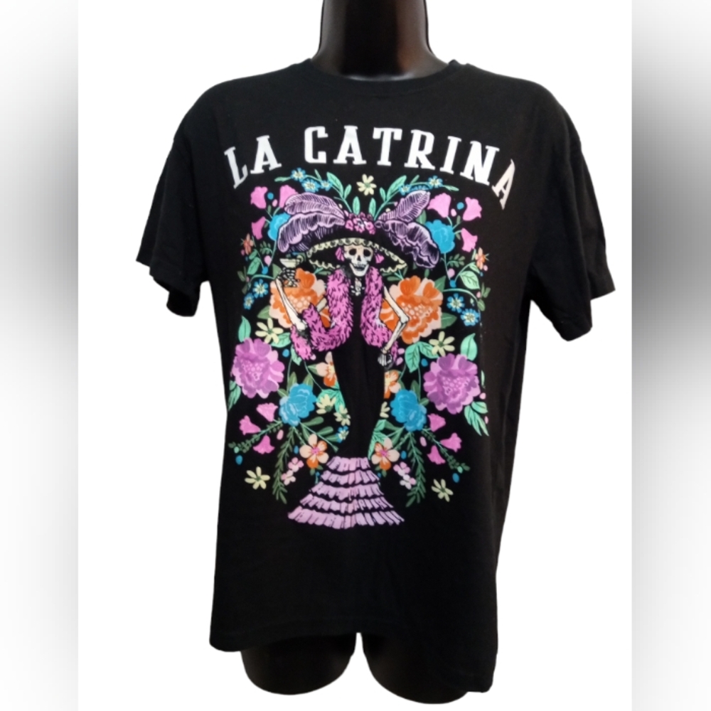 Hasta Siempre Shirt Womens Large Black Tee Shirt Day of the Dead Floral Casual T